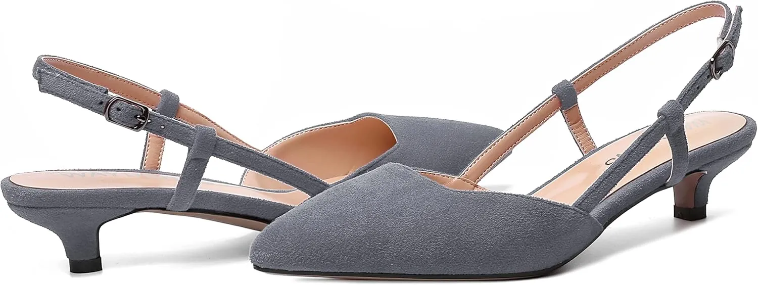 WAYDERNS Womens Suede Slingback Ankle Strap Wedding Solid Fashion Pointed Toe Buckle Kitten Low Heel Pumps Shoes 1.5 Inch