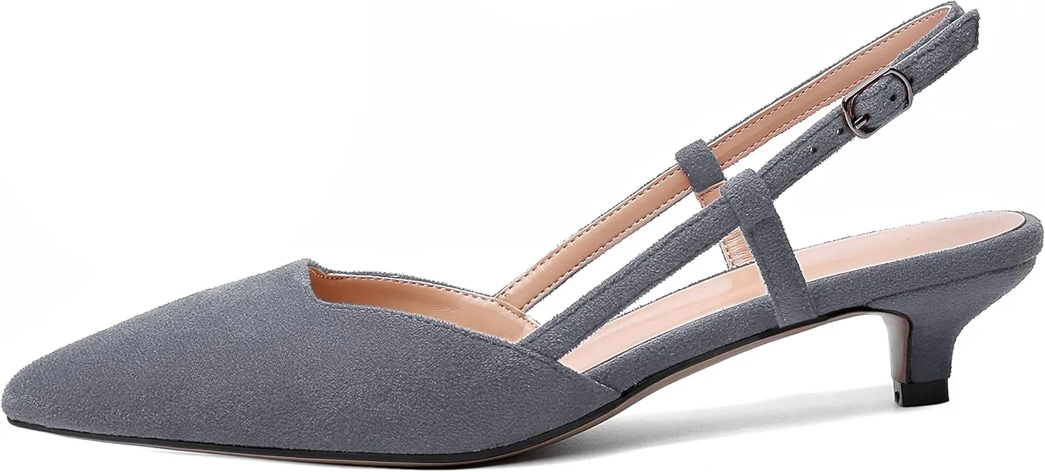 WAYDERNS Womens Suede Slingback Ankle Strap Wedding Solid Fashion Pointed Toe Buckle Kitten Low Heel Pumps Shoes 1.5 Inch