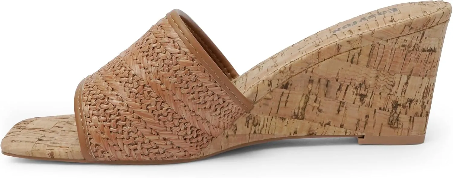 Wedge Sandals for Women Open Toe Wedge Heels Womens High Heel Sandal Square Toe Heeled Wedge Sandals Wood Grain Slip on Wedge Mules