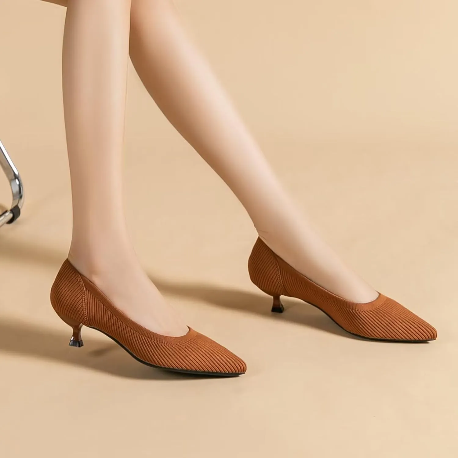 WENJIAZHIZHI Women's Pointy Toe Kitten Heels Classic Knit Pumps for Office Lady Comfortable Wedding Shoes Formal Dress Slip-ons