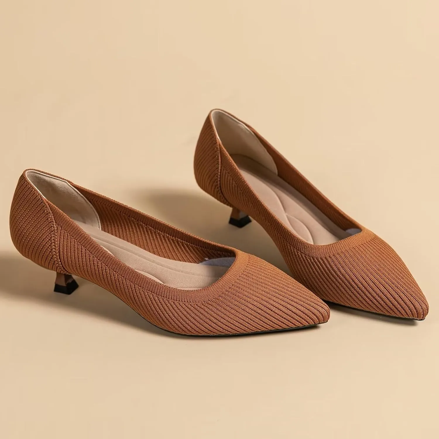 WENJIAZHIZHI Women's Pointy Toe Kitten Heels Classic Knit Pumps for Office Lady Comfortable Wedding Shoes Formal Dress Slip-ons
