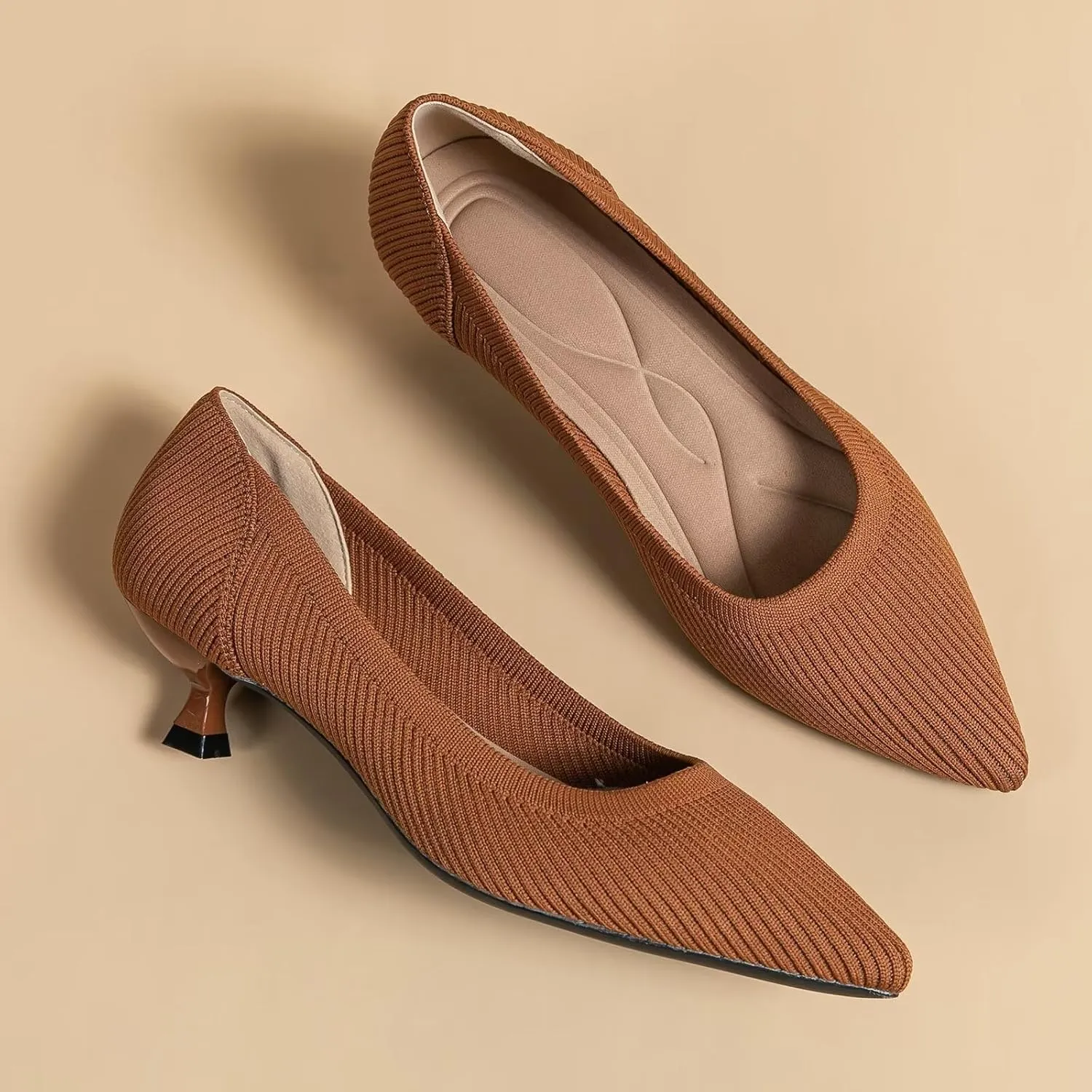 WENJIAZHIZHI Women's Pointy Toe Kitten Heels Classic Knit Pumps for Office Lady Comfortable Wedding Shoes Formal Dress Slip-ons
