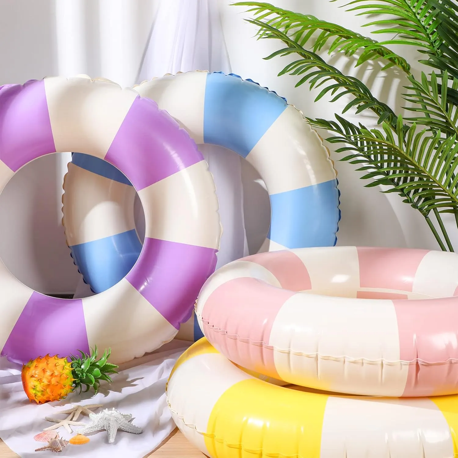 Wettarn 4 Pcs Pool Tubes with Fun Prints Inflatable Floats Swimming Toys Classic Striped Inner Tubes for Pool Bachelorette Floaties for Summer Beach Party Decor Supplies(Stylish Style,Age 5-9)