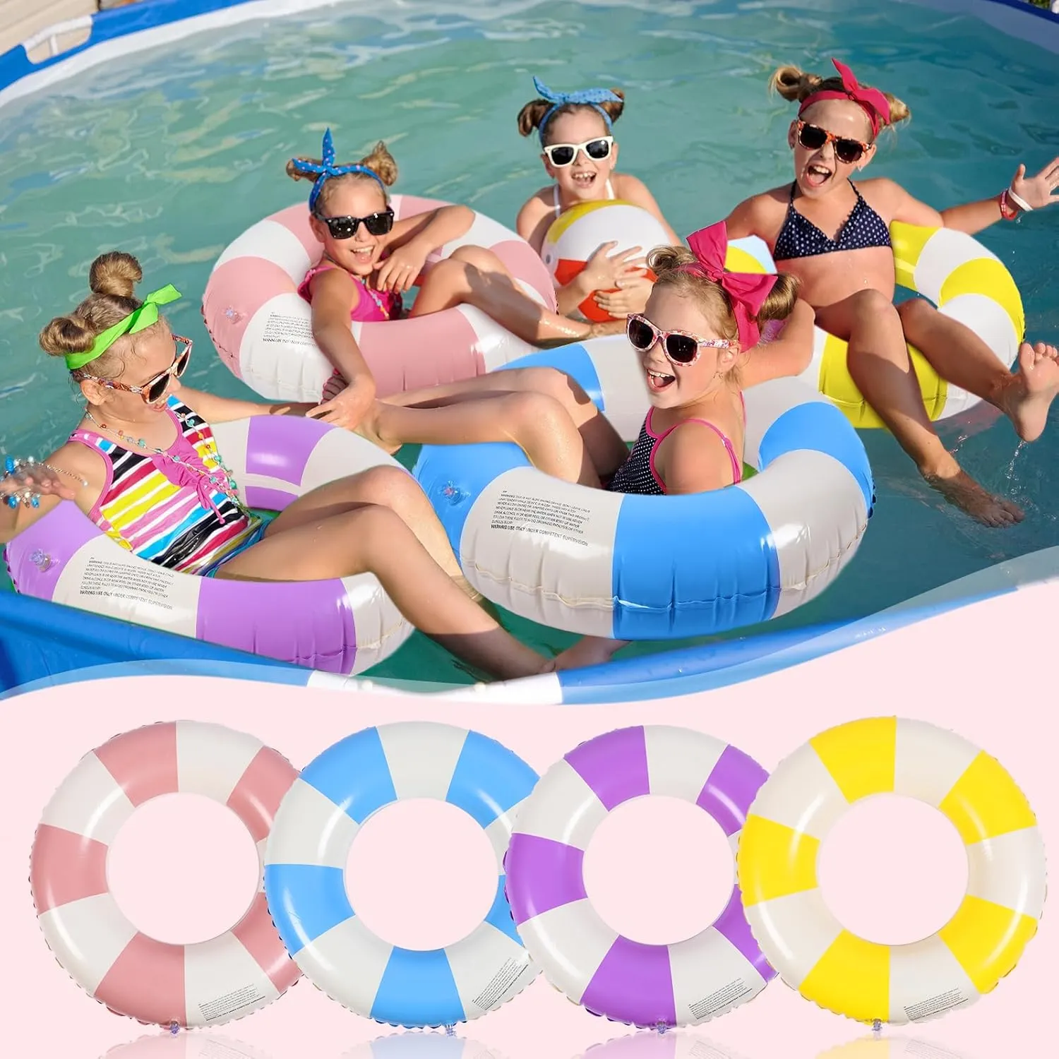 Wettarn 4 Pcs Pool Tubes with Fun Prints Inflatable Floats Swimming Toys Classic Striped Inner Tubes for Pool Bachelorette Floaties for Summer Beach Party Decor Supplies(Stylish Style,Age 5-9)