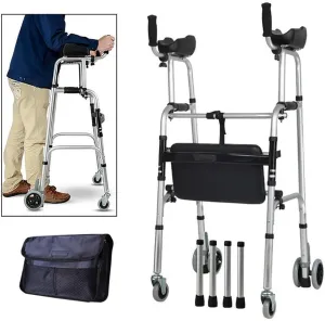 Wheeled Walker with Arm Rest,Aluminium Foldable Walking Frame, Walking Mobility Aid， Lower Limb Trainer Standard Walker for Elderly (Color : 6 Wheels 4 Walker Legs seat Bag)