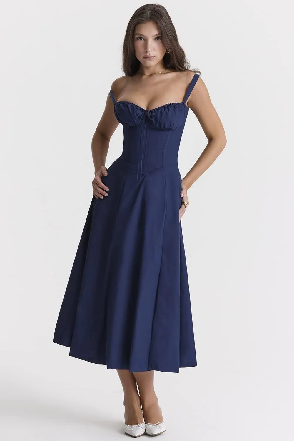 Women Floral Midi Corset Dress Summer Spaghetti Strap Square Neck Boho Cami Dress Flowy Slit Bustier Sundress