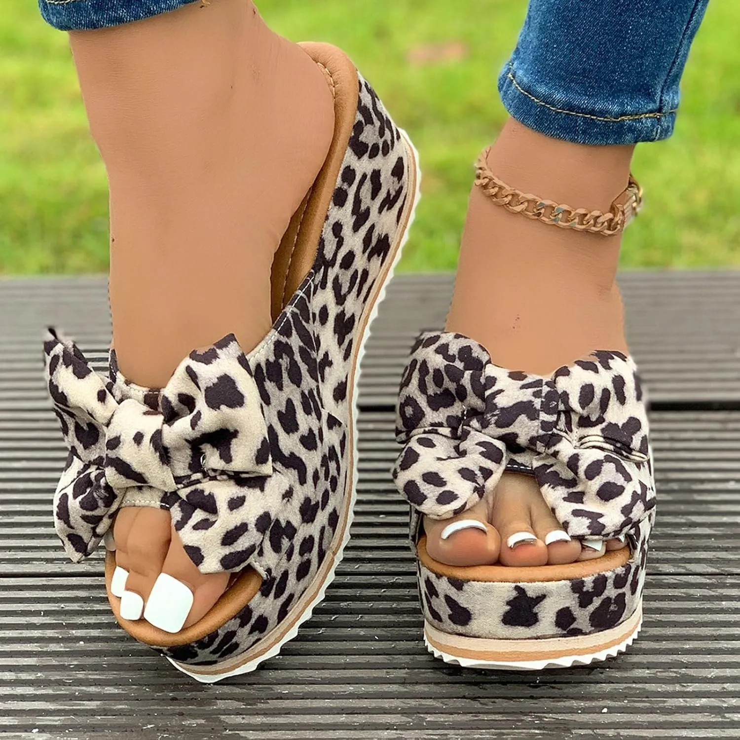 Women Platform Beach Slippers Wedge Heel Flip Flops Shoes Sandals Wide Width Slip On Peep Toe with Bow Non-Slip Summer Slingback Slipper Vacation Travel Outdoor Going Out Flip Flops