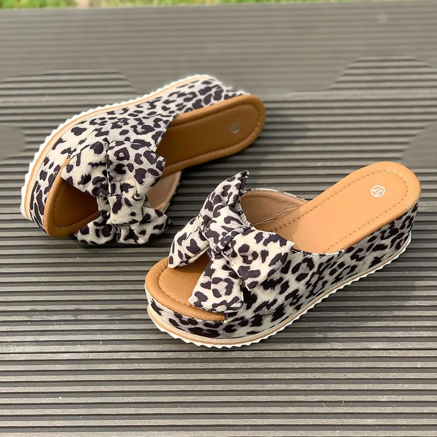 Women Platform Beach Slippers Wedge Heel Flip Flops Shoes Sandals Wide Width Slip On Peep Toe with Bow Non-Slip Summer Slingback Slipper Vacation Travel Outdoor Going Out Flip Flops