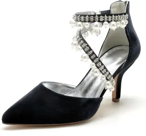 Womens Bridal Shoes Pointed Toe Wedding Shoes High Heel Beaded Pumps Heeled Ankle Buckle Court Sandals Evening Party Dress Stiletto,Black,11.5