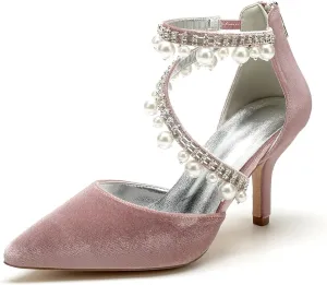 Womens Bridal Shoes Pointed Toe Wedding Shoes High Heel Beaded Pumps Heeled Ankle Buckle Court Sandals Evening Party Dress Stiletto,Pink,9
