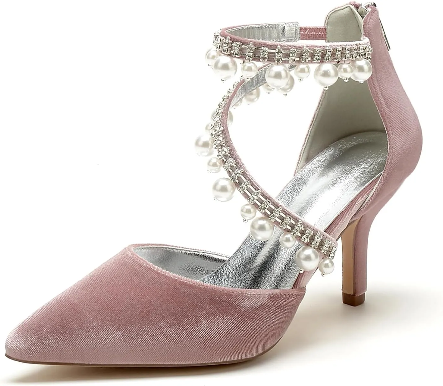 Womens Bridal Shoes Pointed Toe Wedding Shoes High Heel Beaded Pumps Heeled Ankle Buckle Court Sandals Evening Party Dress Stiletto,Pink,9