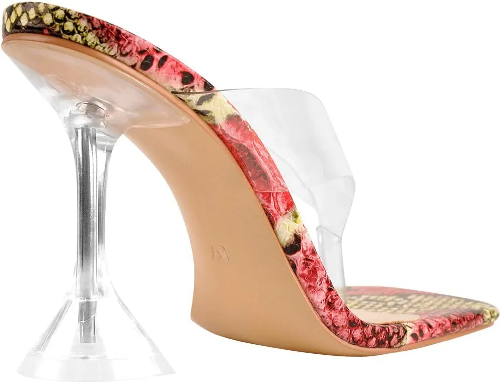 Womens Clear Heels Open Square Toe Transparent Tapered High Heel Slip on Fashion Sandals