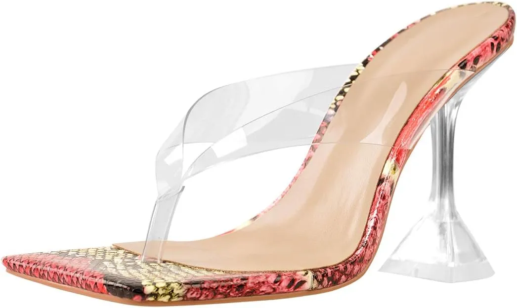 Womens Clear Heels Open Square Toe Transparent Tapered High Heel Slip on Fashion Sandals