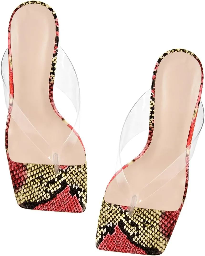 Womens Clear Heels Open Square Toe Transparent Tapered High Heel Slip on Fashion Sandals