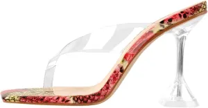 Womens Clear Heels Open Square Toe Transparent Tapered High Heel Slip on Fashion Sandals