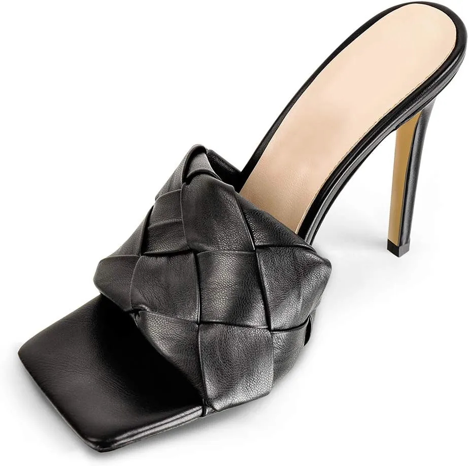 Womens Clear Heels Open Square Toe Transparent Tapered High Heel Slip on Fashion Sandals