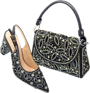 Women's Diamond Luxurious Pointed Toe Pump and Bag Set with Buckle Strap for Elegant Occasions