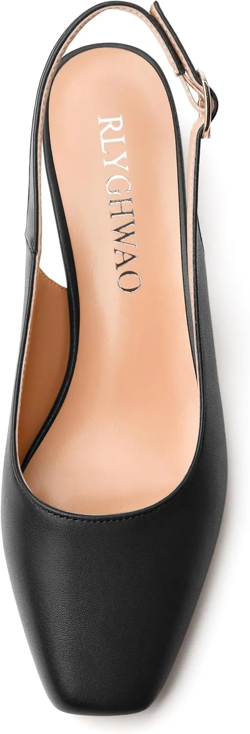 Womens Fashion Buckle Slingback Pumps, Square Closed Toe Chunky Heel Solid Matte Shoes for Women 1.3 inch