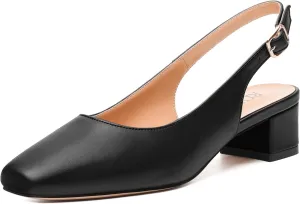 Womens Fashion Buckle Slingback Pumps, Square Closed Toe Chunky Heel Solid Matte Shoes for Women 1.3 inch