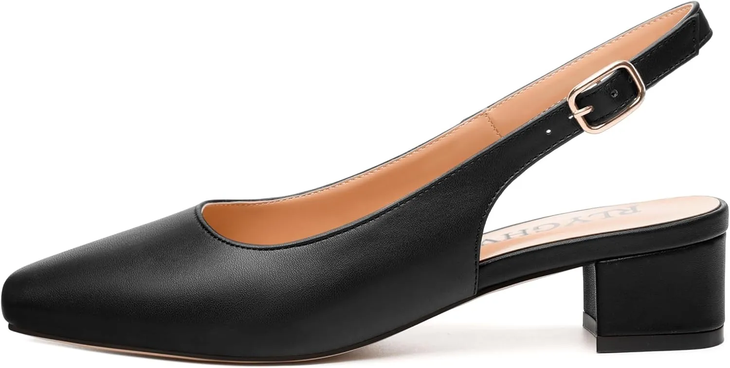 Womens Fashion Buckle Slingback Pumps, Square Closed Toe Chunky Heel Solid Matte Shoes for Women 1.3 inch