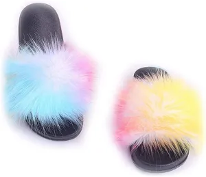 Women's Faux Fox Fur Slide Slipper Sandal Soft Furry Lovely Indoor Outdoor Open Toe Single Strap Slip On Slippers Sandals Multicolor