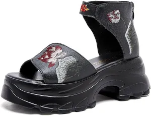 Women'S Genuine Leather Embroidered Round Open Toe Platform Roman Sandals Back Zipper Retro Comfortable Chunky Heel Fish Mouth Sandals Summer Breathable Non-Slip Beach Walking Sandal