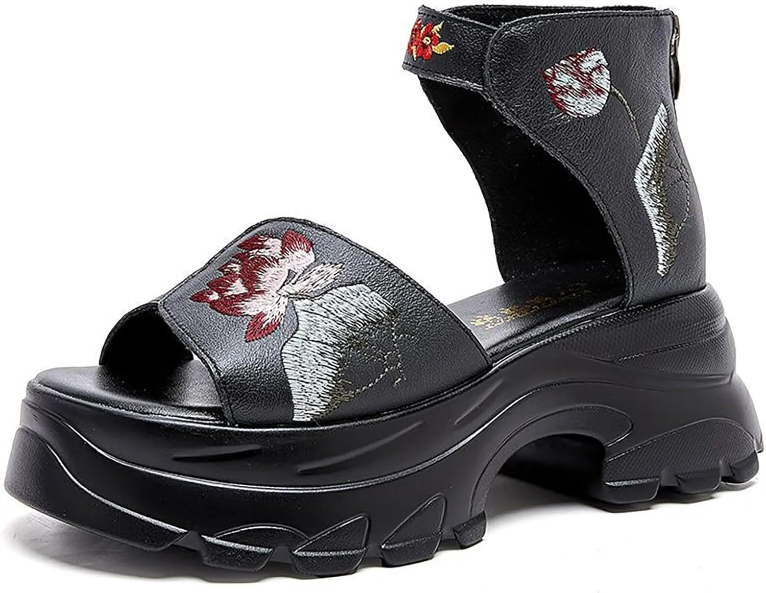 Women'S Genuine Leather Embroidered Round Open Toe Platform Roman Sandals Back Zipper Retro Comfortable Chunky Heel Fish Mouth Sandals Summer Breathable Non-Slip Beach Walking Sandal