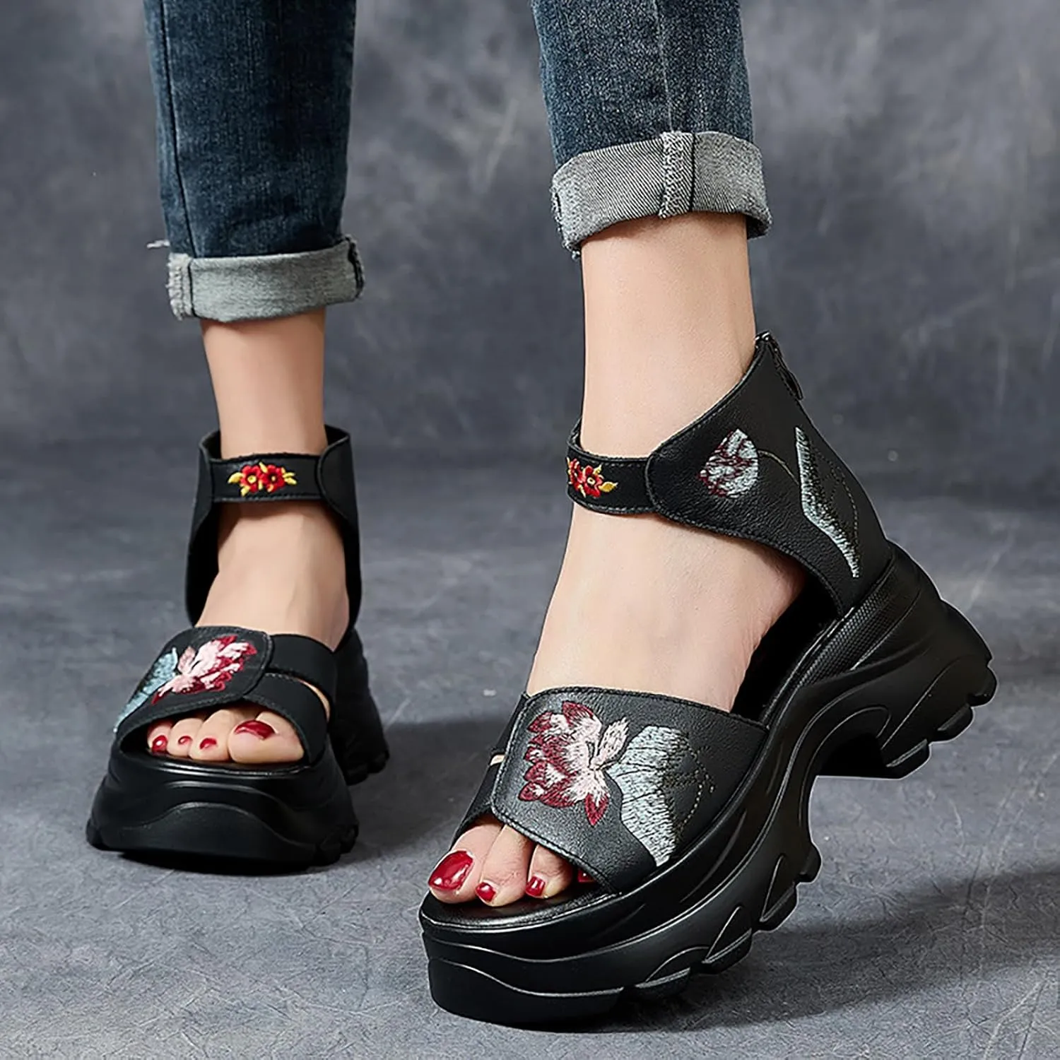 Women'S Genuine Leather Embroidered Round Open Toe Platform Roman Sandals Back Zipper Retro Comfortable Chunky Heel Fish Mouth Sandals Summer Breathable Non-Slip Beach Walking Sandal