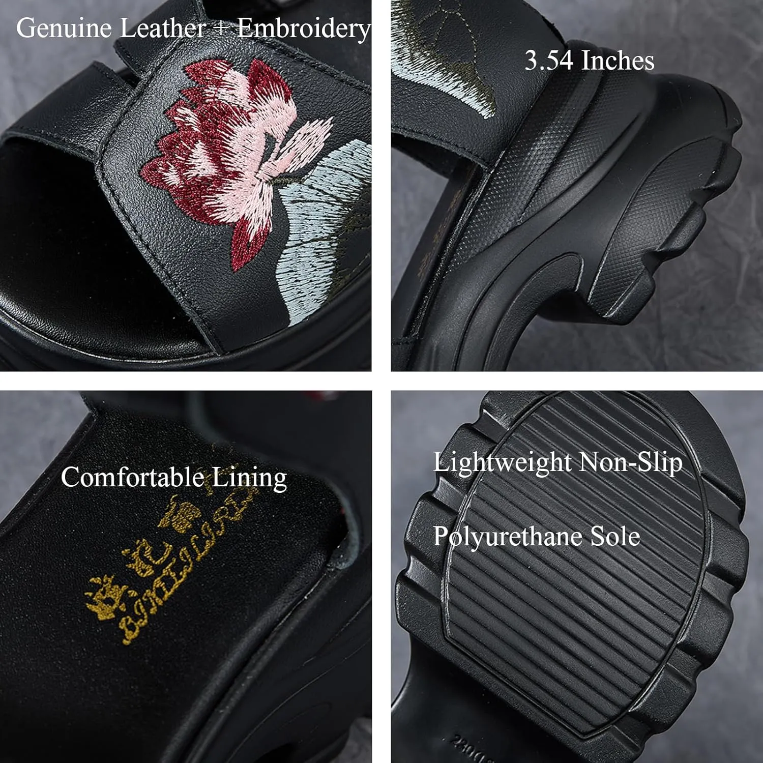 Women'S Genuine Leather Embroidered Round Open Toe Platform Roman Sandals Back Zipper Retro Comfortable Chunky Heel Fish Mouth Sandals Summer Breathable Non-Slip Beach Walking Sandal