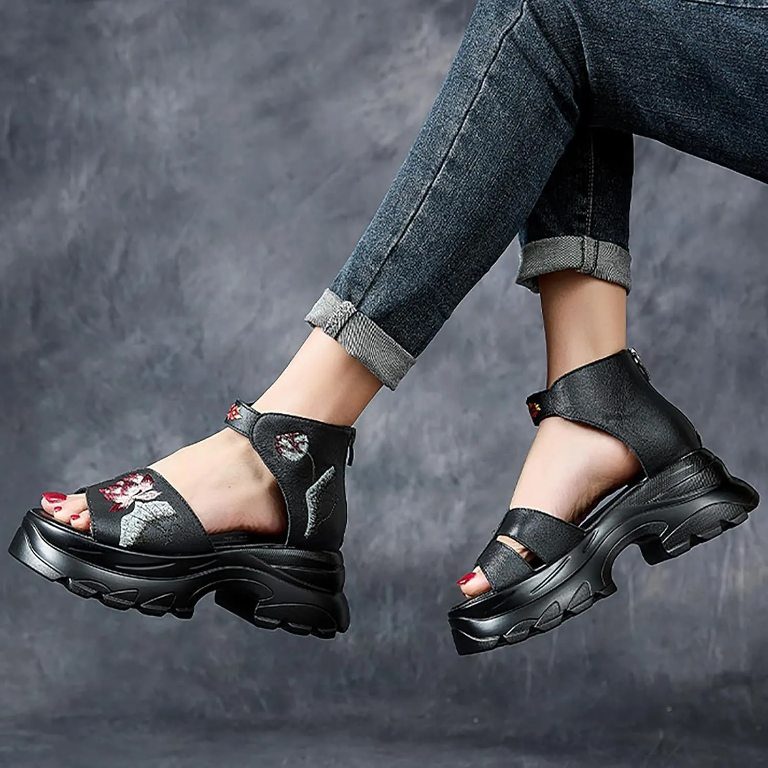 Women'S Genuine Leather Embroidered Round Open Toe Platform Roman Sandals Back Zipper Retro Comfortable Chunky Heel Fish Mouth Sandals Summer Breathable Non-Slip Beach Walking Sandal