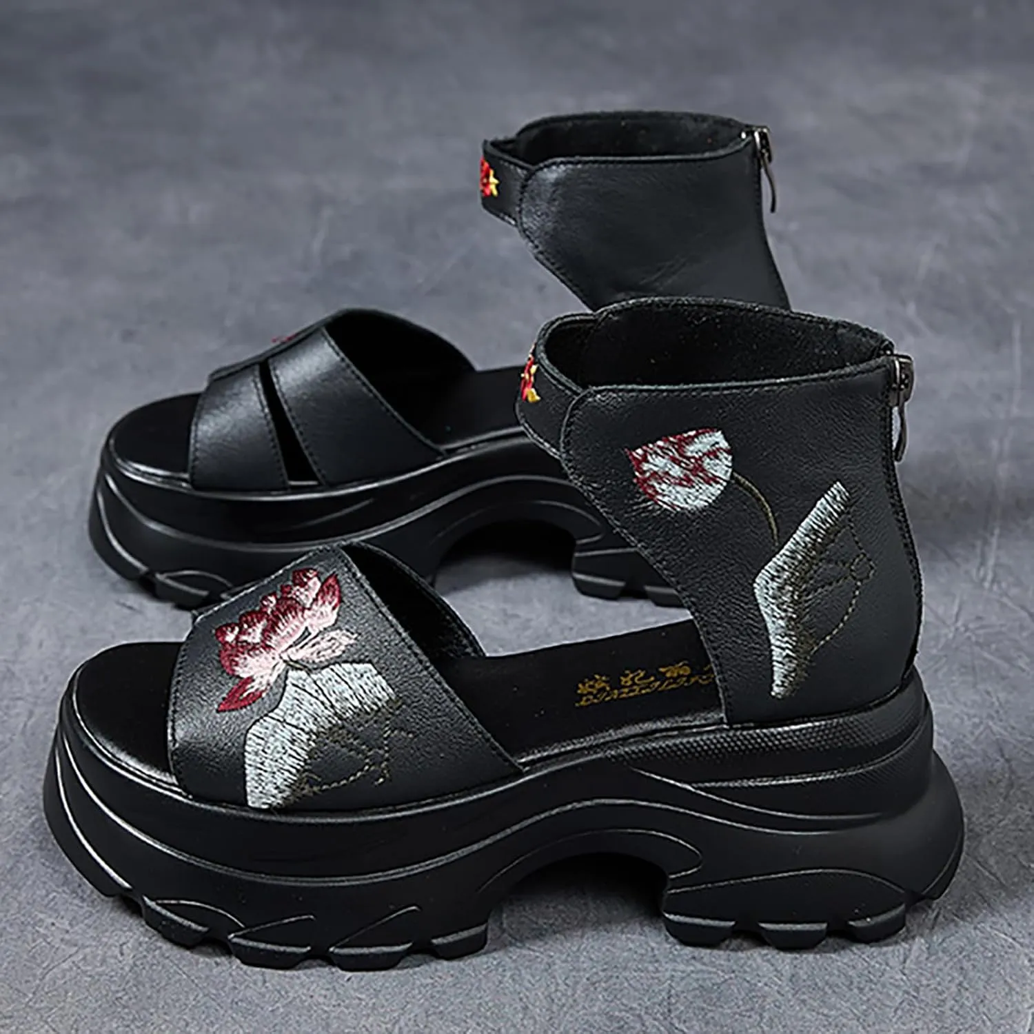 Women'S Genuine Leather Embroidered Round Open Toe Platform Roman Sandals Back Zipper Retro Comfortable Chunky Heel Fish Mouth Sandals Summer Breathable Non-Slip Beach Walking Sandal