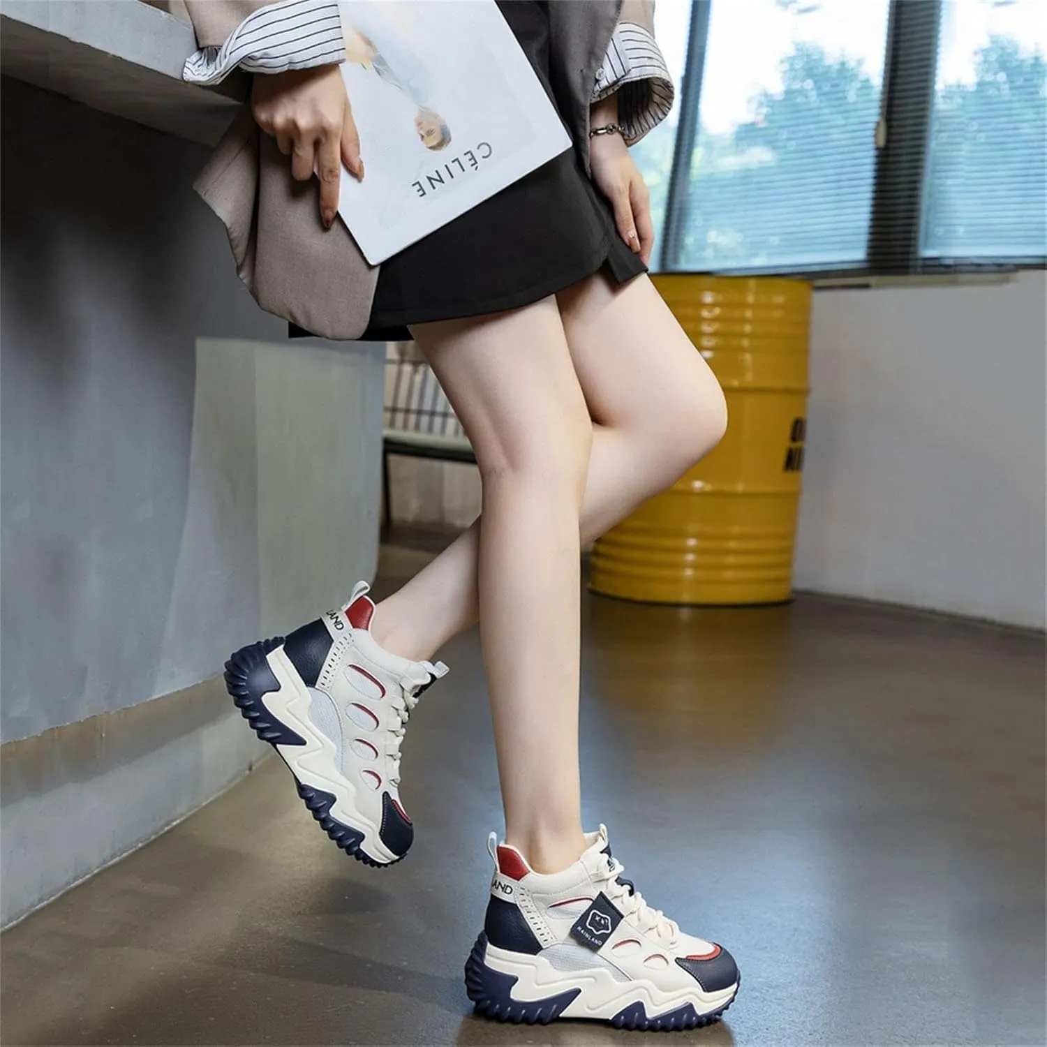 Women's Girl's Lace Up Platform Inner Heightening Chic Sneakers Breathable Casual Walking Shoe Lightweight Non Slip Workout Shoes