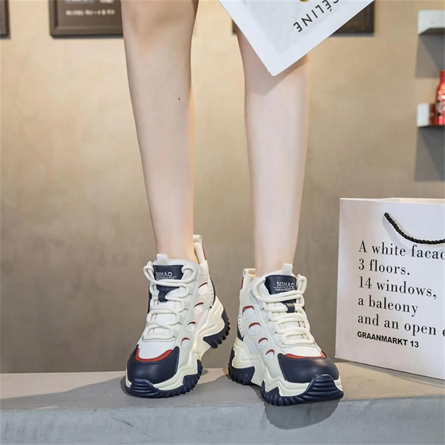 Women's Girl's Lace Up Platform Inner Heightening Chic Sneakers Breathable Casual Walking Shoe Lightweight Non Slip Workout Shoes