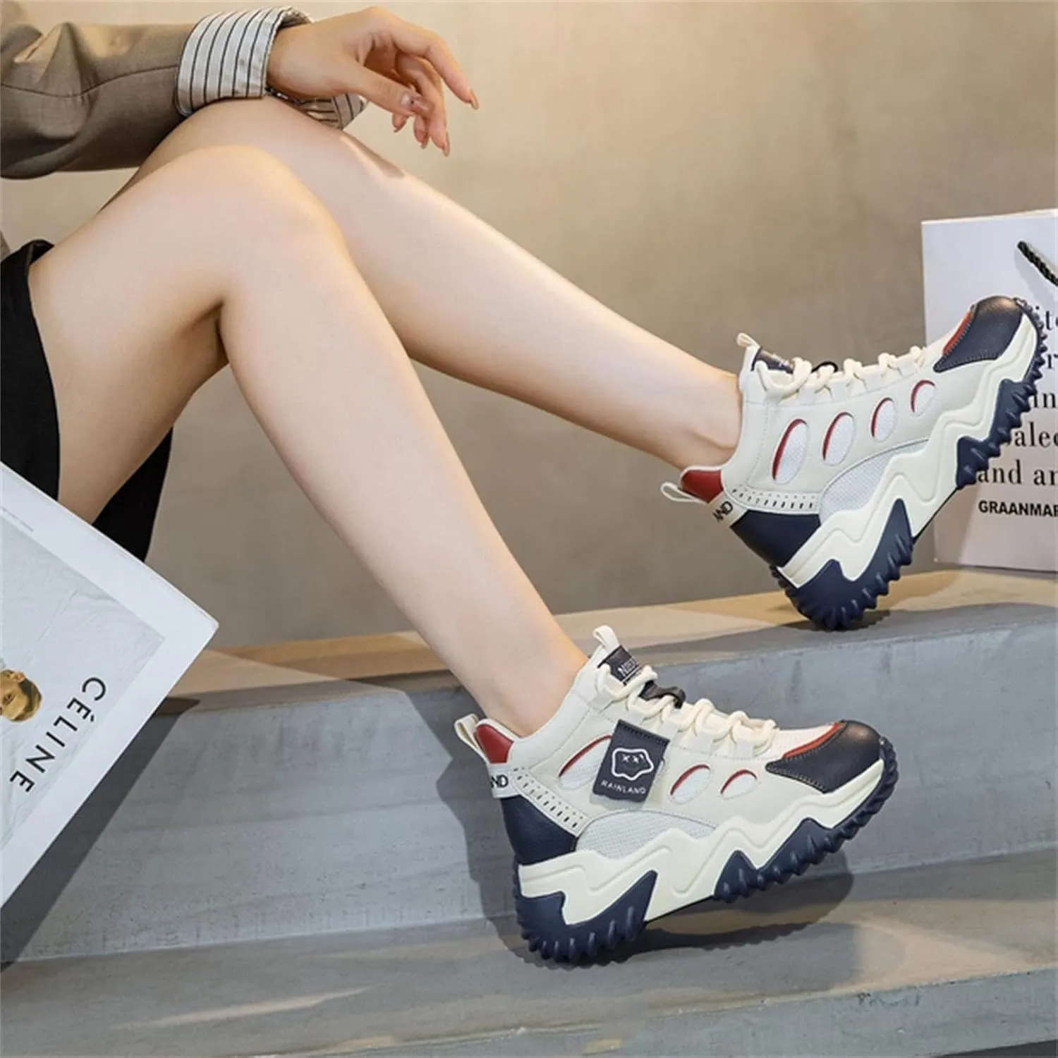 Women's Girl's Lace Up Platform Inner Heightening Chic Sneakers Breathable Casual Walking Shoe Lightweight Non Slip Workout Shoes