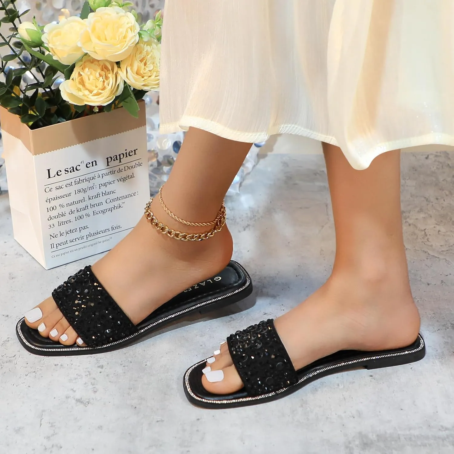 Women's Glitter Shiny Slide Sandals Sparkle Fancy Flat Slippers Slip-on