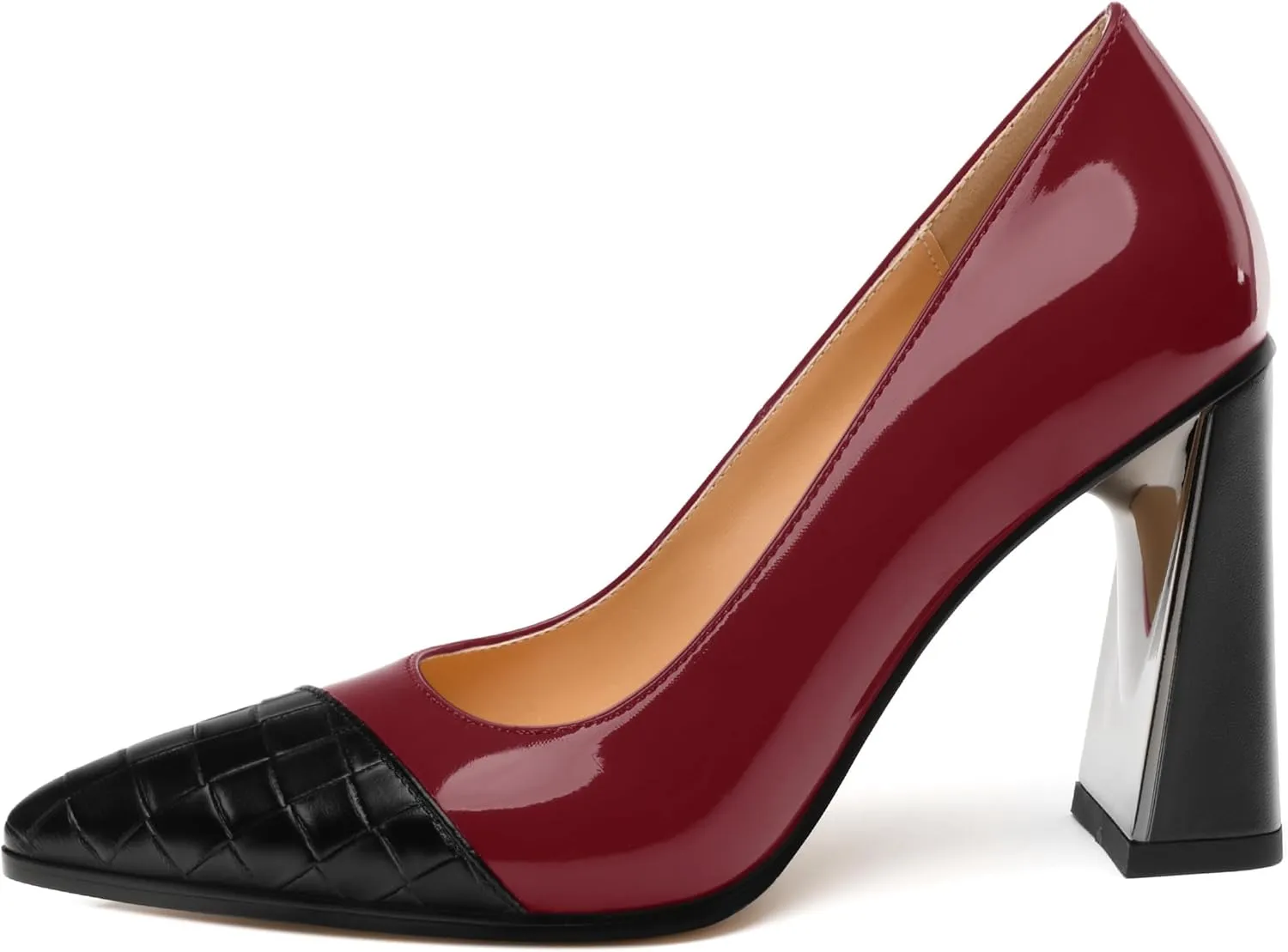 Womens Heeled Pumps, Pointed Toe High Chunky Heel Pupms for Women, Leather Insole Splicing Toe Pumps for Working, Wedding and Party 3.5"