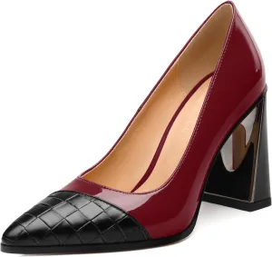 Womens Heeled Pumps, Pointed Toe High Chunky Heel Pupms for Women, Leather Insole Splicing Toe Pumps for Working, Wedding and Party 3.5"