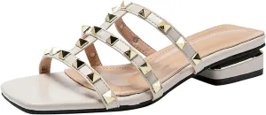 Women's leather one word Studded open toe Low Heel Sandals Fashion Square Toe Strappy rivet block heel slip-on Slide Sandals for summer beach vacation slippers
