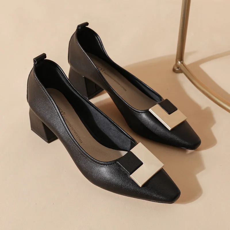 Women's Leather Stylish Medium Heel Pointed Toe Pump