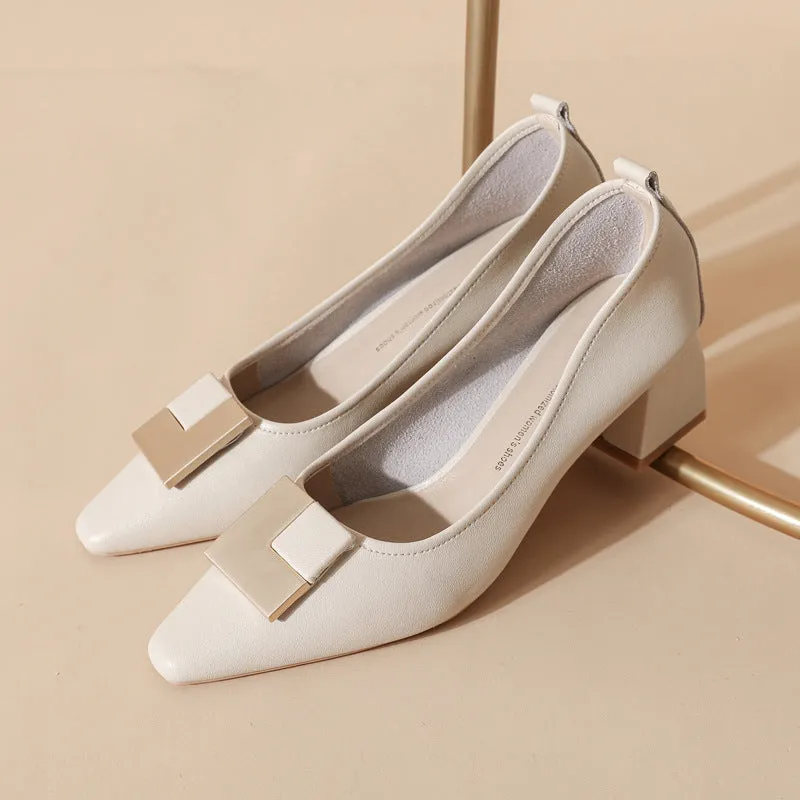 Women's Leather Stylish Medium Heel Pointed Toe Pump