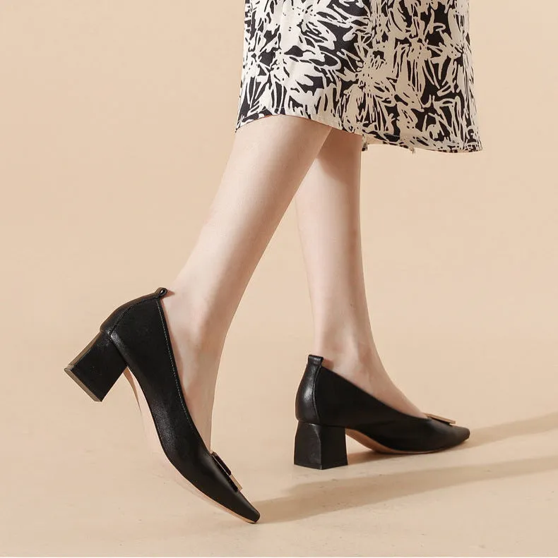 Women's Leather Stylish Medium Heel Pointed Toe Pump