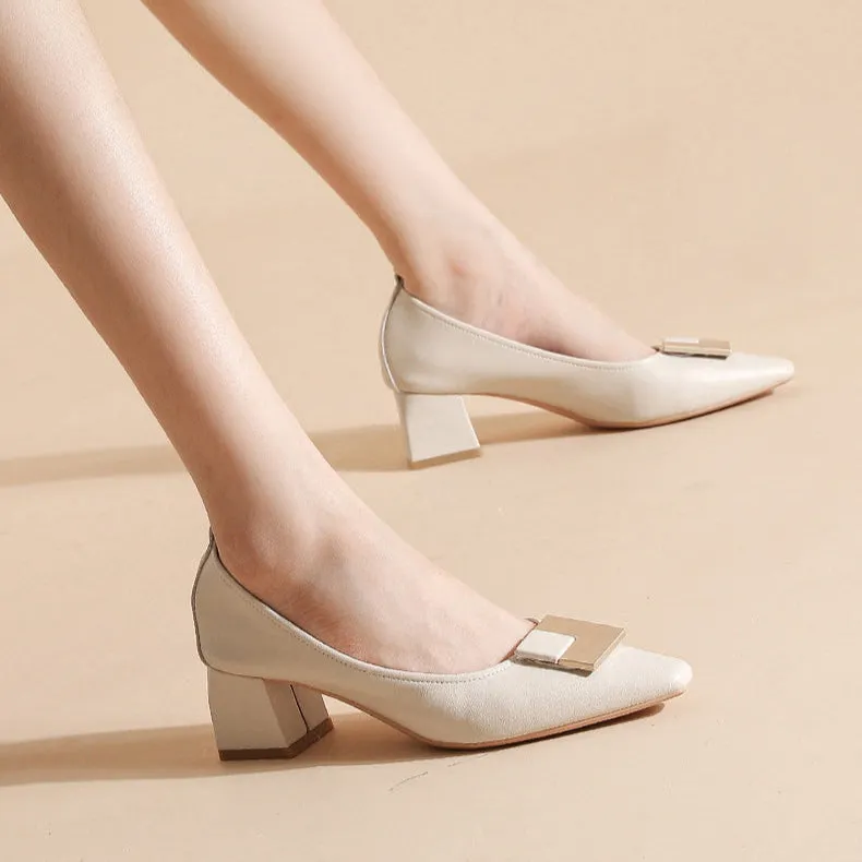 Women's Leather Stylish Medium Heel Pointed Toe Pump