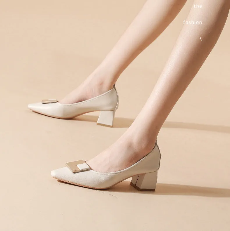 Women's Leather Stylish Medium Heel Pointed Toe Pump