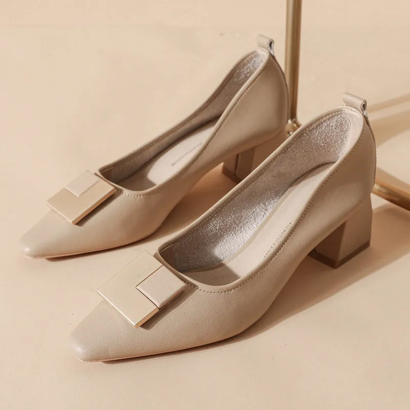 Women's Leather Stylish Medium Heel Pointed Toe Pump