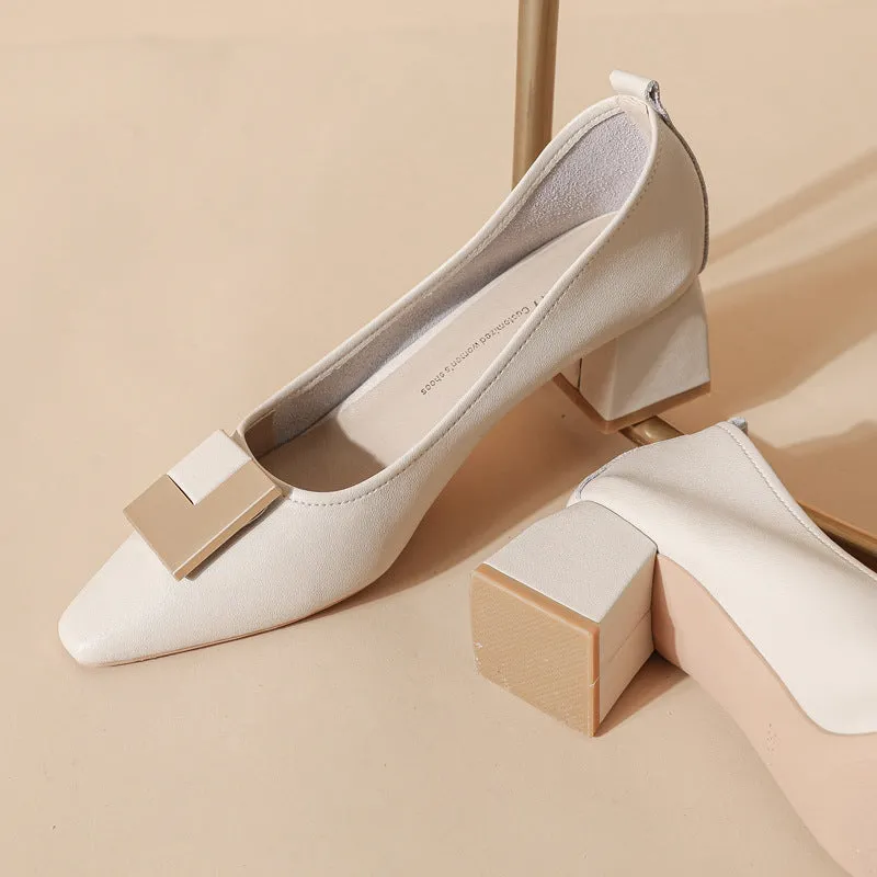 Women's Leather Stylish Medium Heel Pointed Toe Pump