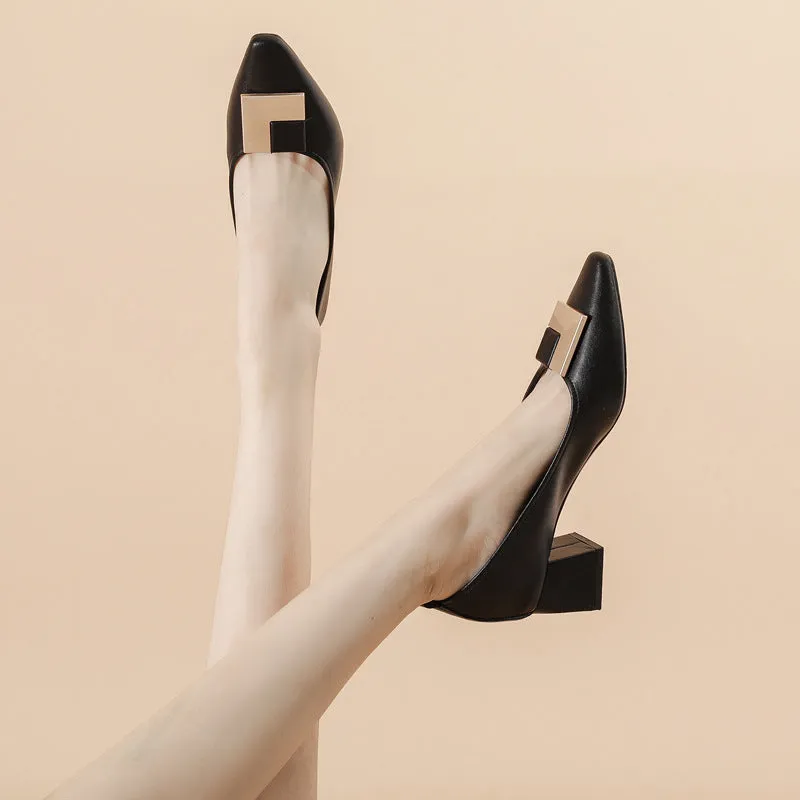 Women's Leather Stylish Medium Heel Pointed Toe Pump