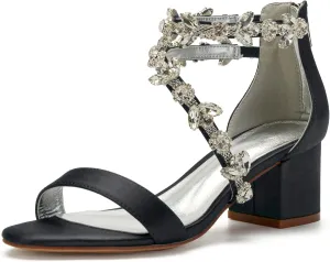 Women's Low Block Heel Sandals Chunky Ankle Strap Crystal Wedding Dress Shoes Low Heel Comfortable Pump Sandals