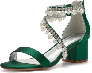Women's Low Block Heel Sandals Chunky Ankle Strap Satin Pearl Wedding Shoes for Bride Low Heels Formal Prom Party Dress Shoes Comfortable Pump Sandals
