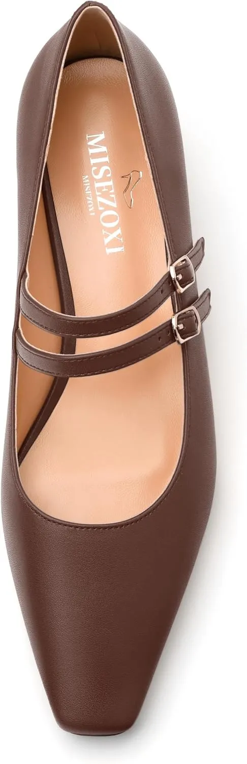 Womens Mary Jane Pumps, Small Square Toe Low Chunky Heel Pump Shoes for Women, Comfort Mary Jane Daily Pumps with Two Straps 1.3"