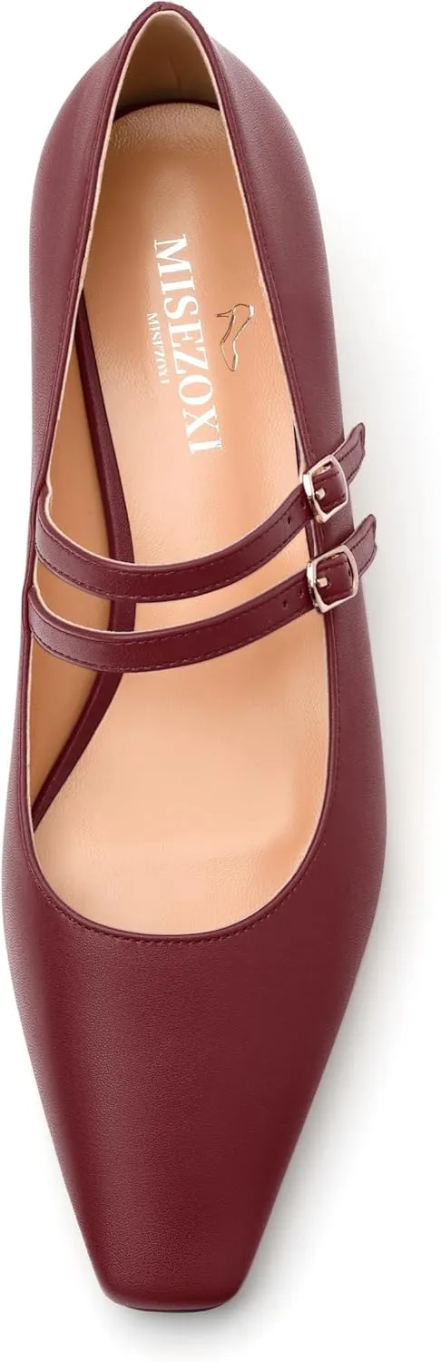Womens Mary Jane Pumps, Small Square Toe Low Chunky Heel Pump Shoes for Women, Comfort Mary Jane Daily Pumps with Two Straps 1.3"